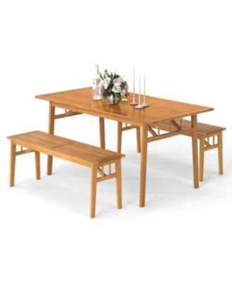 63 in Acacia Wood Outdoor Dining Table with Two Benches