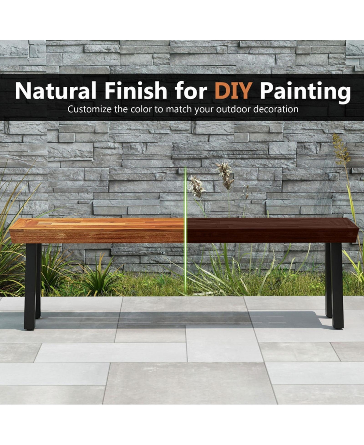 Gouun 60-inch Acacia Wood Backless Outdoor Bench with Metal Frame