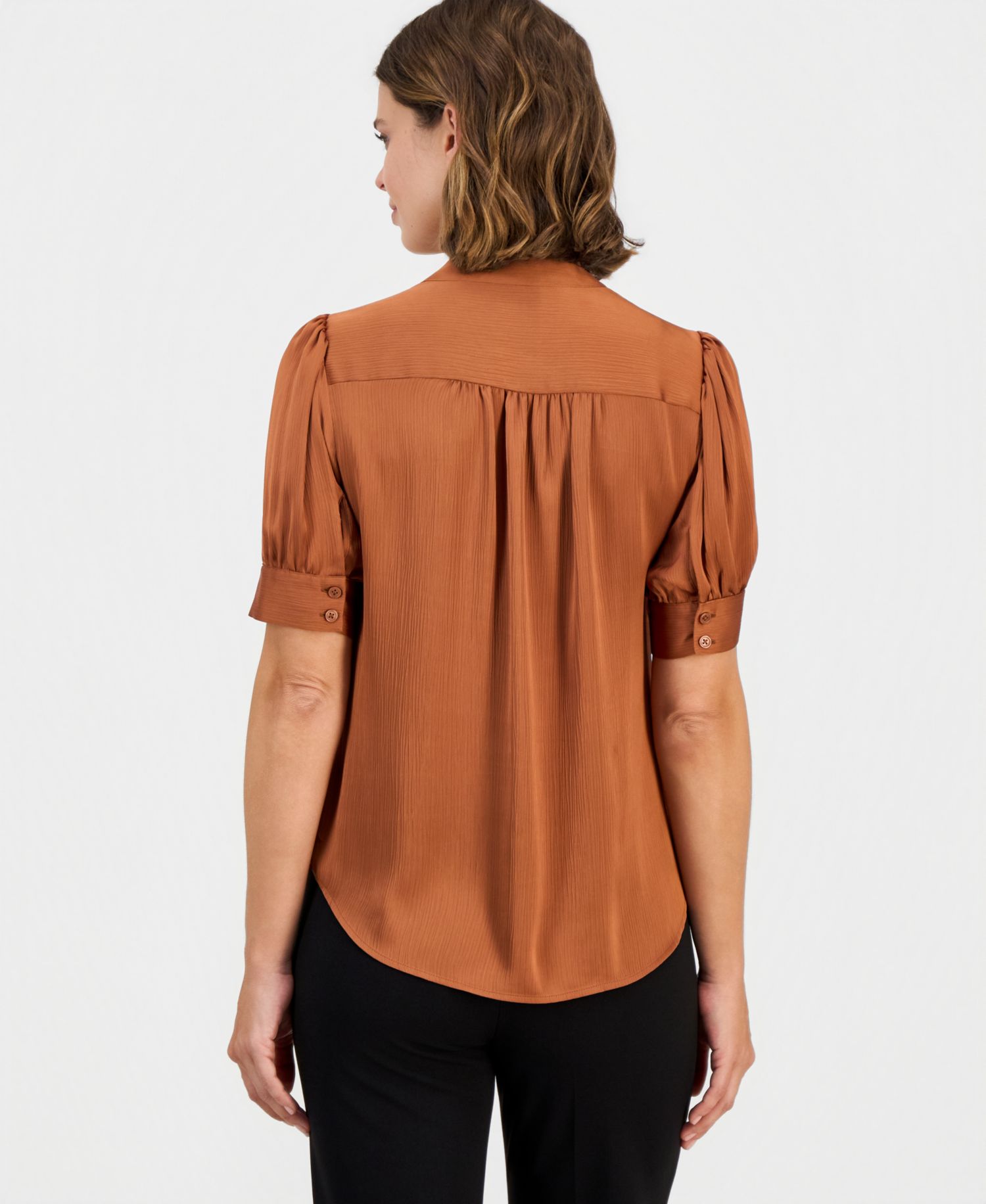 Petite Short Puff-Sleeve Y-Neck Blouse