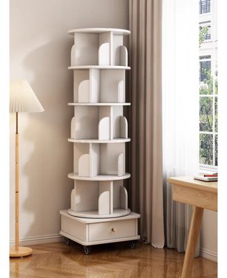360 Degree Rotating Display Corner Bookshelf 6 Tier Bookcase Storage Rack with Wheels