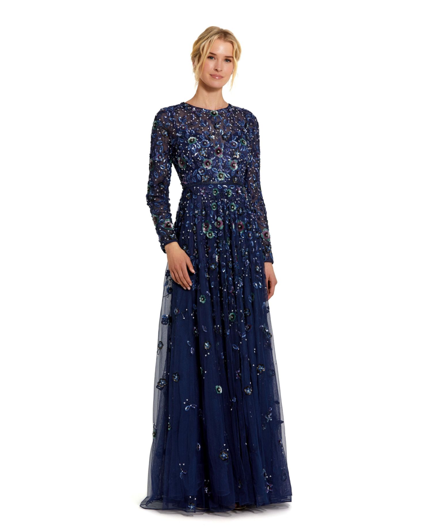 Women's Embellished High Neck Long Sleeve A Line Gown