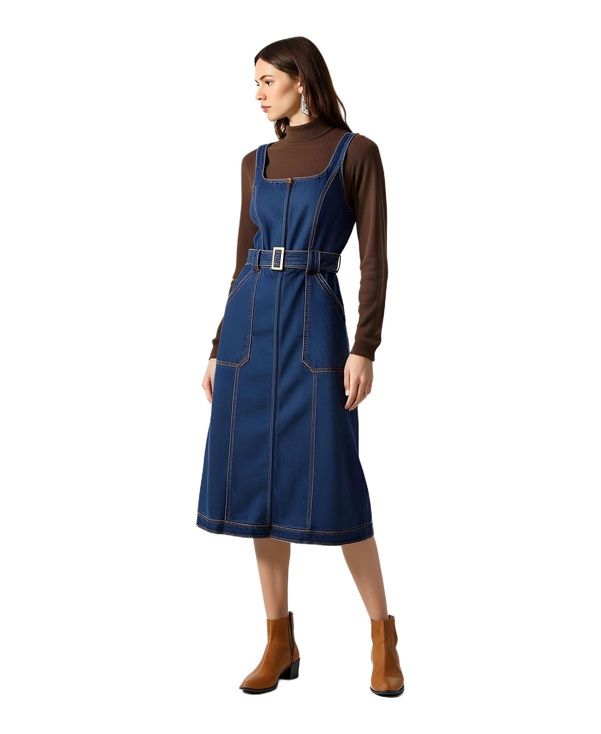 Modenaire Women's Square-Neck Zip-Front Denim Midi Dress with Belt view 3 — MAYCSS fashion products