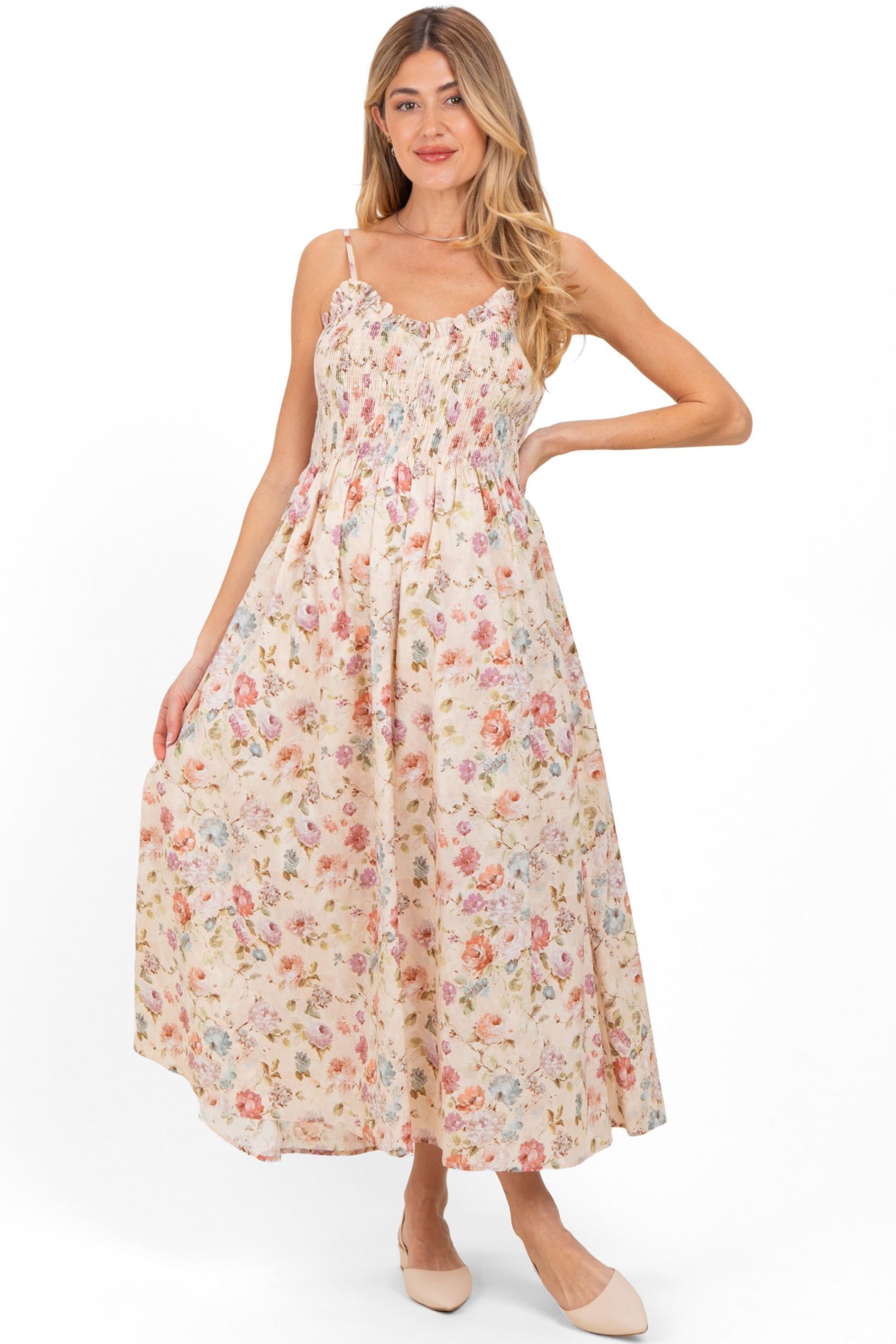 Women's Cream Floral Smocked Ruffle Detail Midi Dress