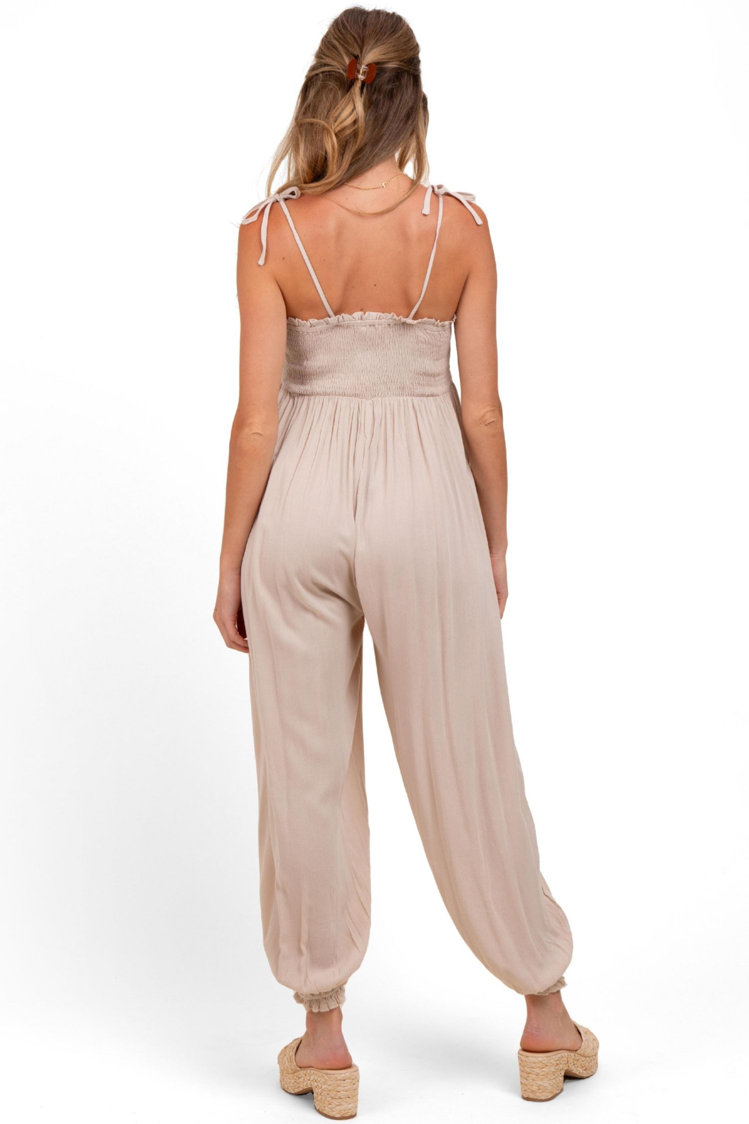 Women's Beige Smocked Button Front Shoulder Tie Jumpsuit