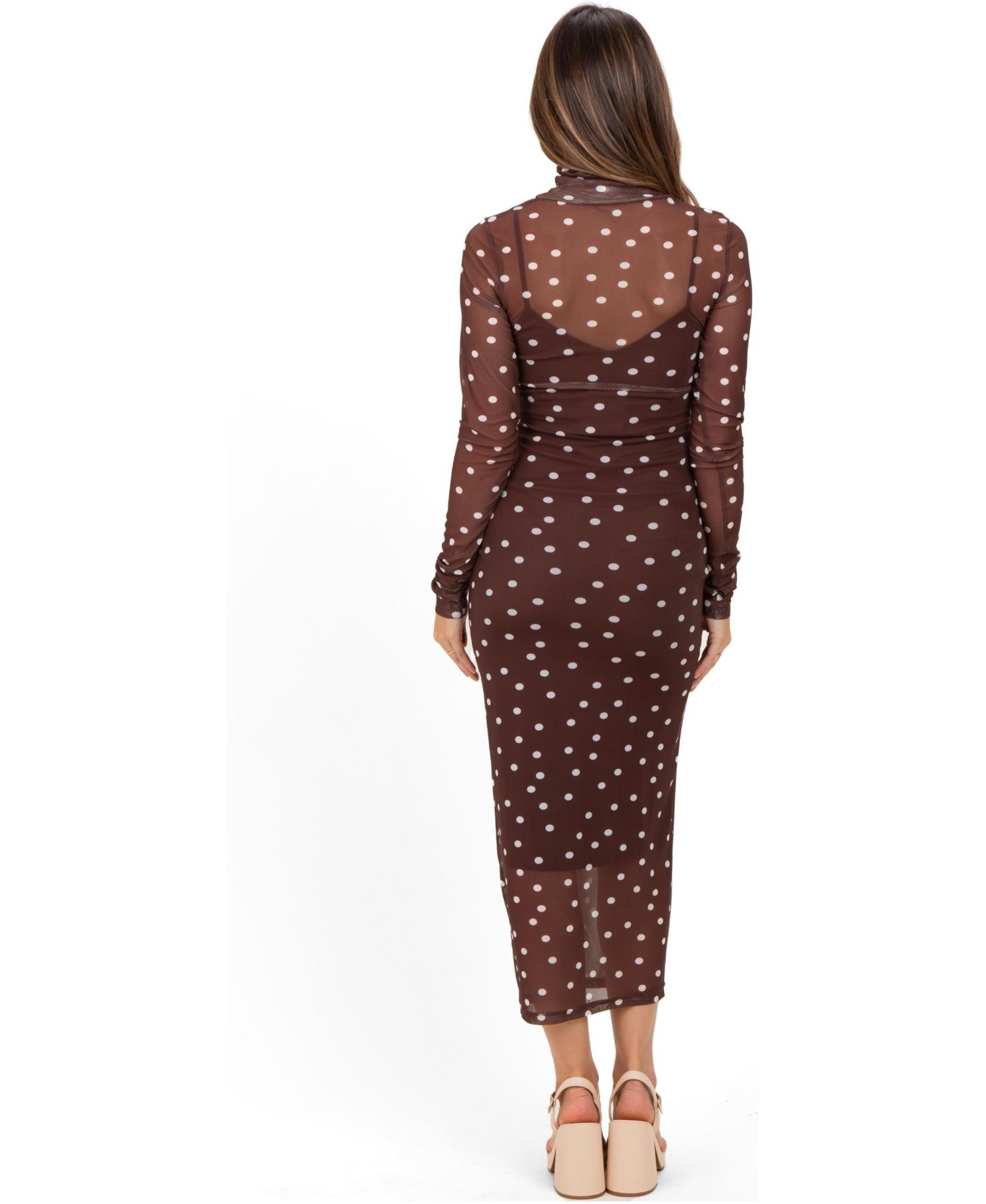 Women's Mocha Polka Dot Mesh Overlay Midi Dress