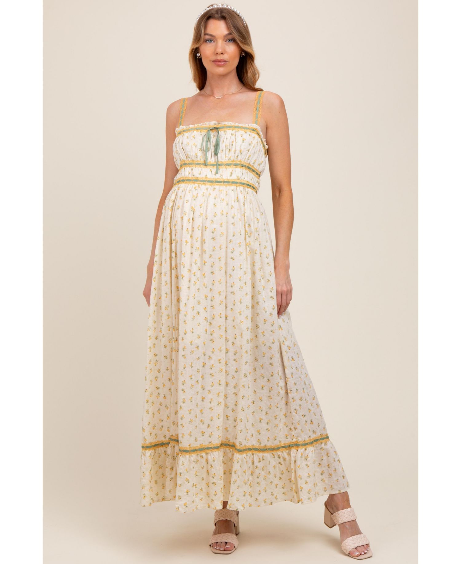 Women's Yellow Floral Ribbon Detail Sleeveless Maxi Dress