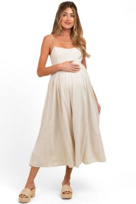 Women's Beige Linen Ribbon Pattern Embroidered Midi Dress