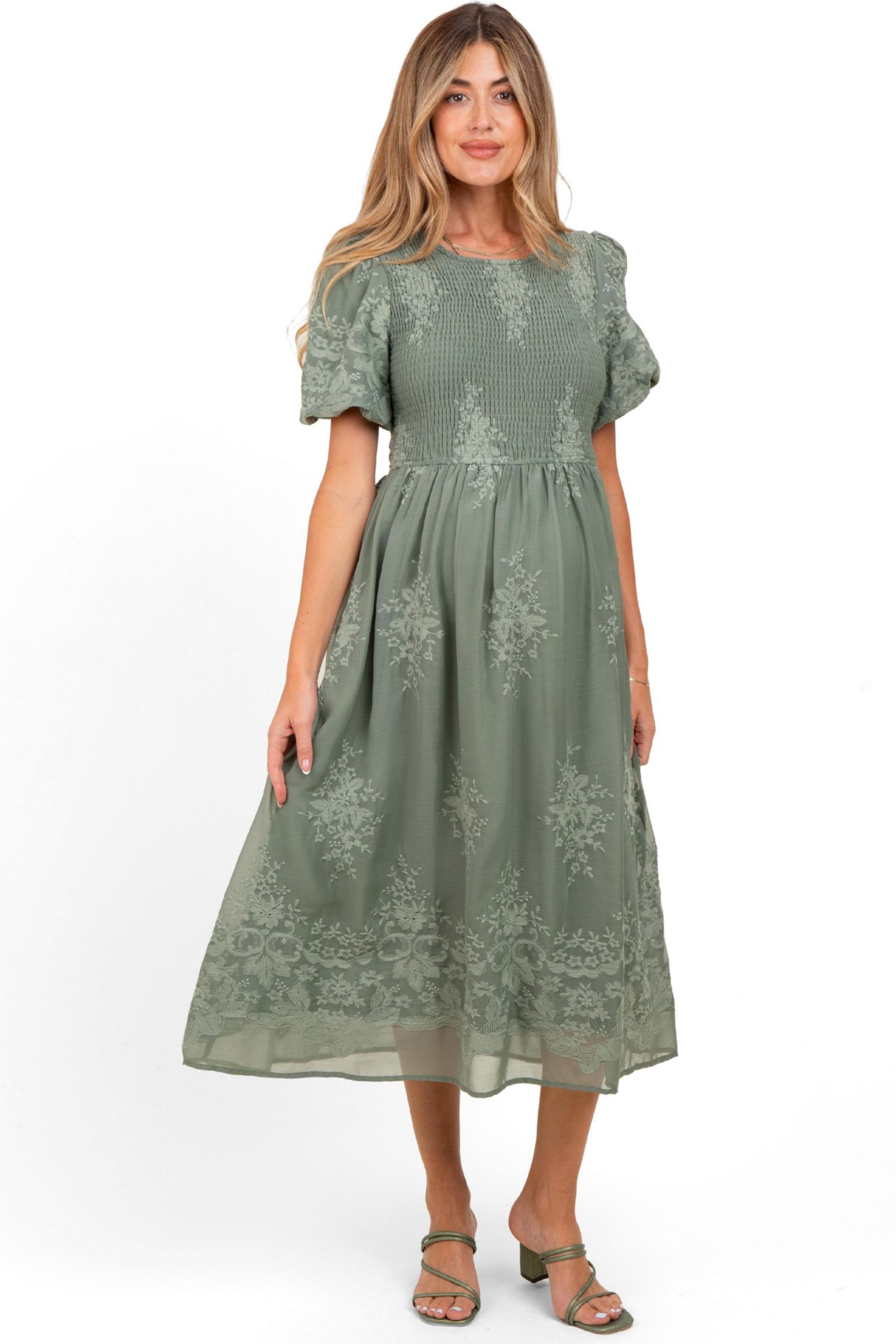 Women's Light Olive Floral Lace Smocked Midi Dress