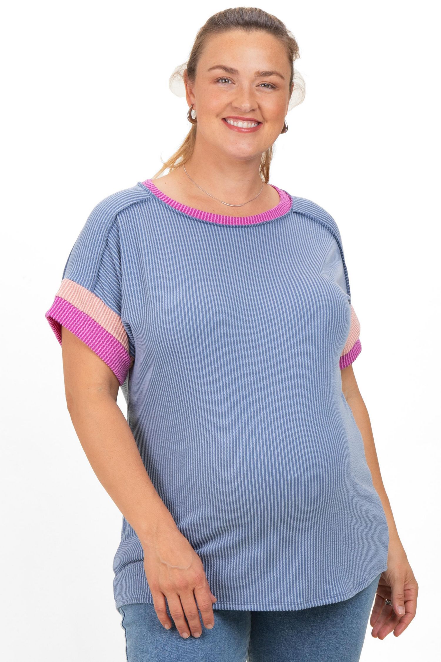 Women's Maternity Ribbed Colorblock Detail Plus Short Sleeve Top