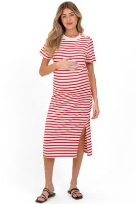 Women's Navy Striped Short Sleeve Midi Dress