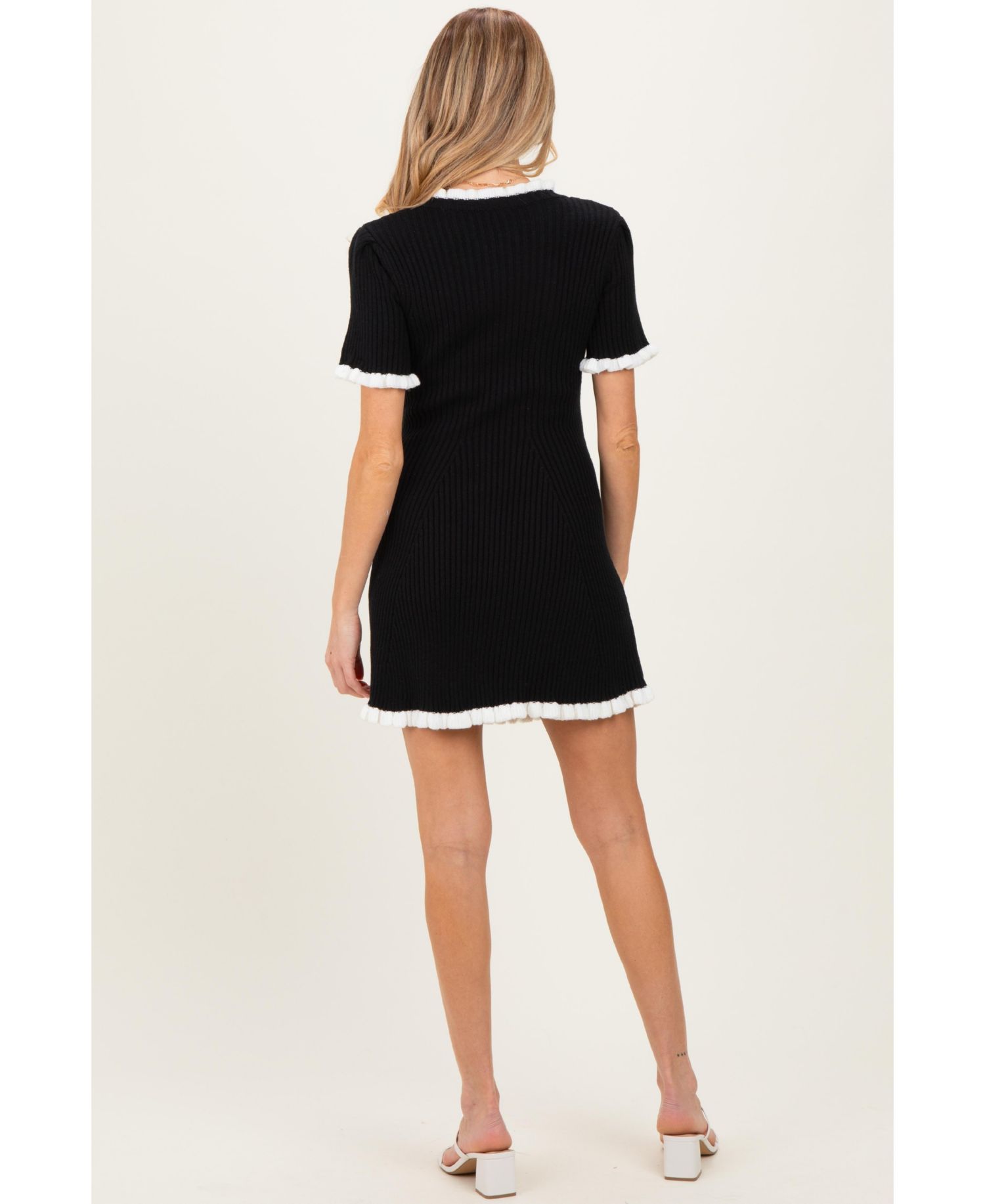 Women's Ribbed Knit Ruffle Trim Mini Dress