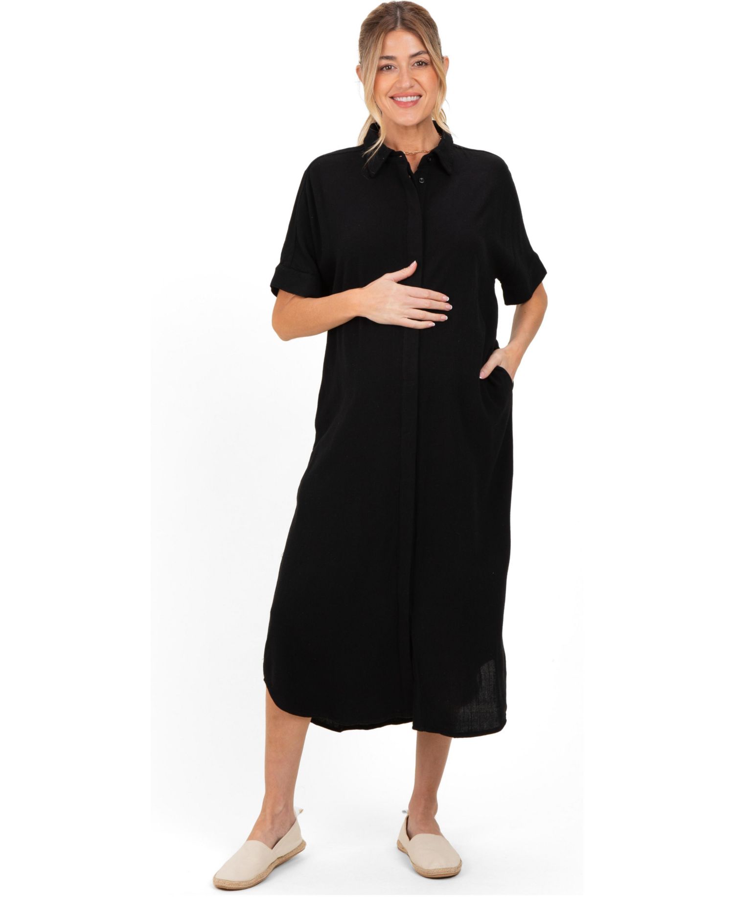 Women's Black Button Down Midi Shirt Dress