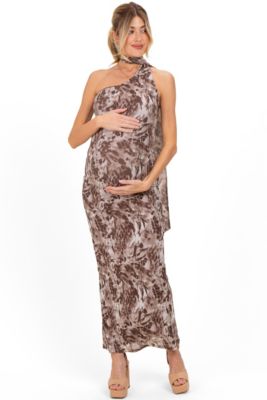 Maternity Mocha Printed Halter Maxi Dress