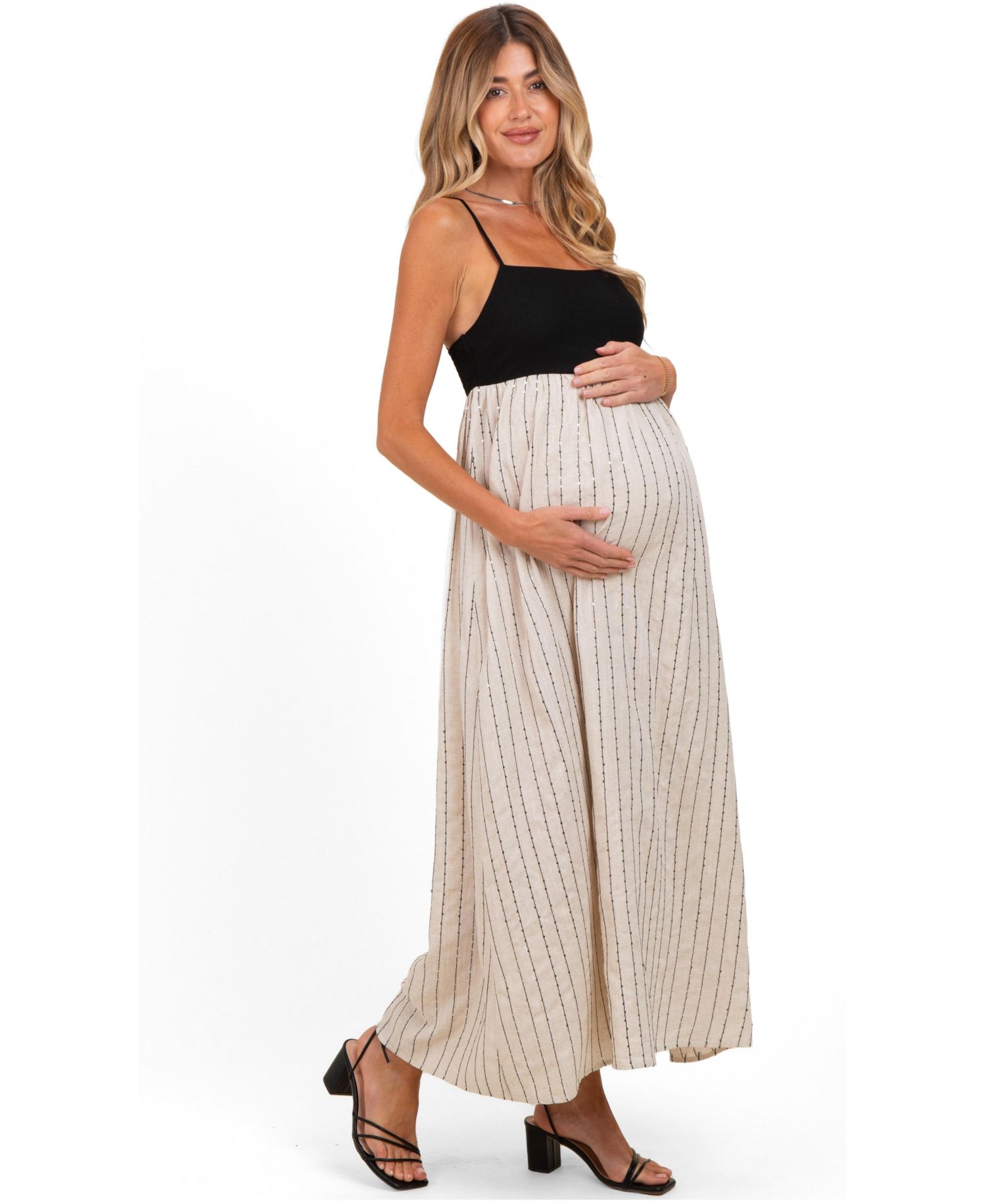 Women's Black White Striped and Colorblock Maxi Dress