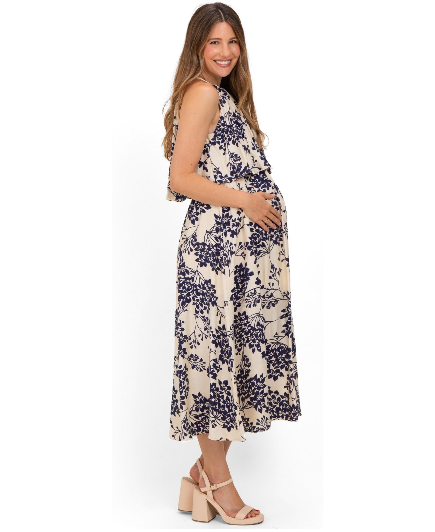 Women's Navy Floral Flounce Halter Midi Dress