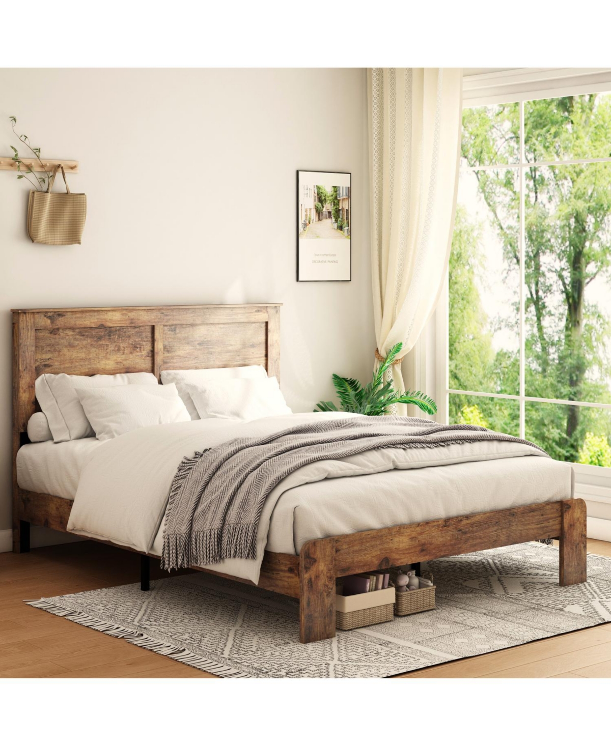 Rainsken Wood Bed Frame with Headboard, Rustic Farmhouse Platform Bed Frame, 12 Wood Slats Support, No Box Spring Needed