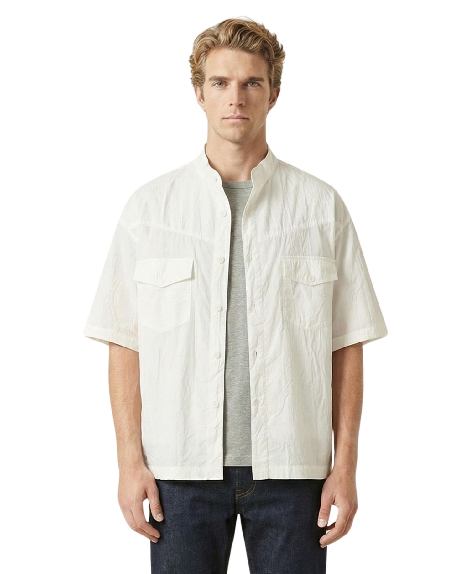 Men's Short Sleeve Stand-Collar Dual-Pocket Shirt