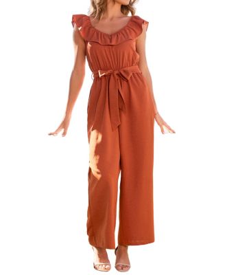 Women's Ruffle Waist Tie-Front Wide Leg Jumpsuit