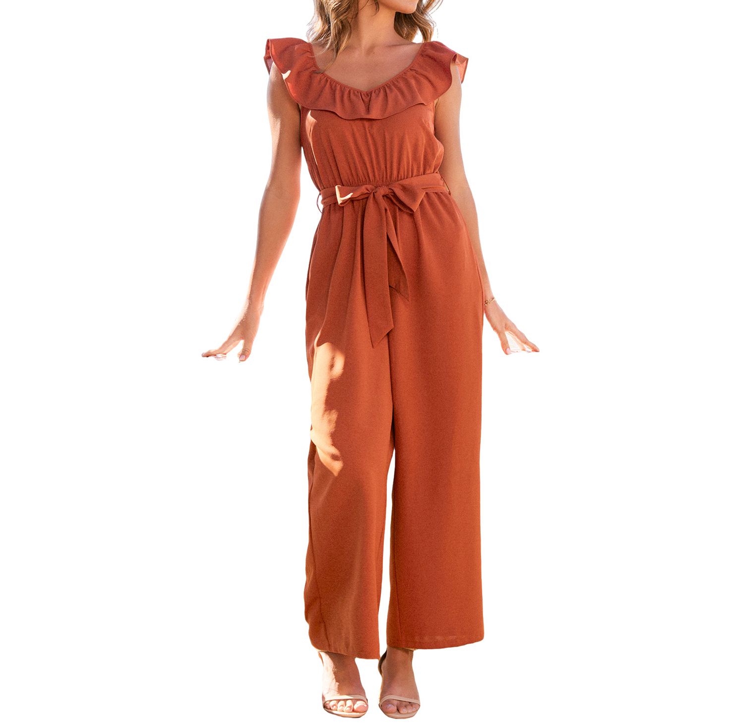 Women's Ruffle Waist Tie-Front Wide Leg Jumpsuit