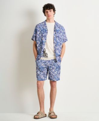 Men's Tiles Flower Blue Matching Set paired with Short-Sleeve Dove Face Graphic T-Shirt