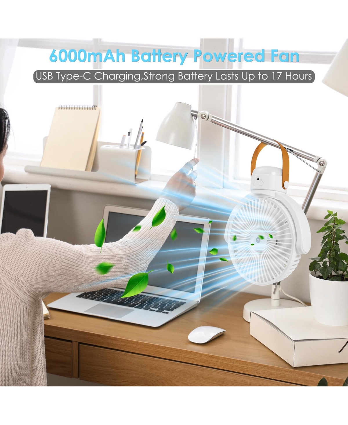 Gnuadz Portable Fan Wireless Remote Timer Led Night Light Oscillation Rechargeable Usb Camping 6000mAh
