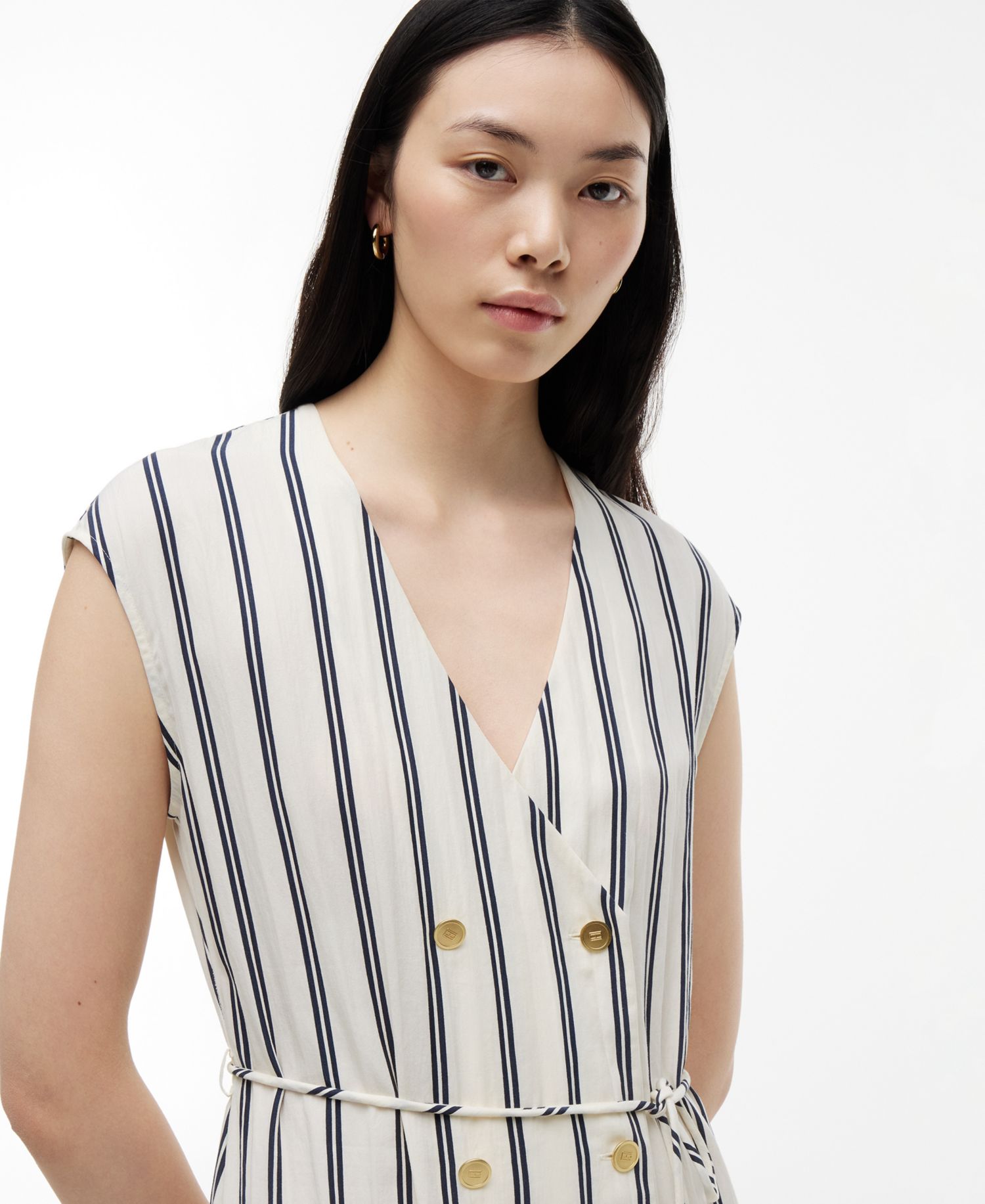 Women's Nautical Stripe Button-Front V-Neck Linen-Blend Midi Dress
