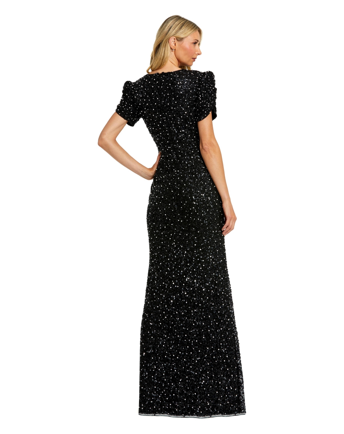 Mac Duggal Petite Embellished Mesh High Neck Puff Sleeve Gown