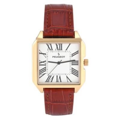 Peugeot Mens 14K Gold-Plated Square Vintage Dress Watch with Roman Numeral Dial and Brown Leather Strap 87$