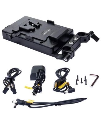 Multi-Output V-Mount Battery Plate with Rod Mount and Cheese Plate for Monitors and DSLR Cameras