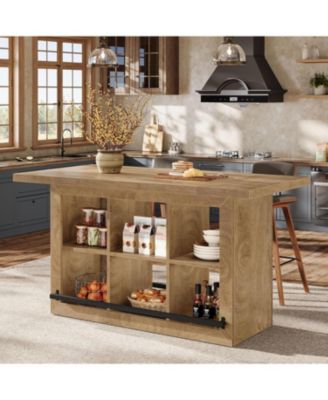 Kitchen Island with Storage, Farmhouse Table with 6-Cubby Open Shelves and Metal Foot Rail