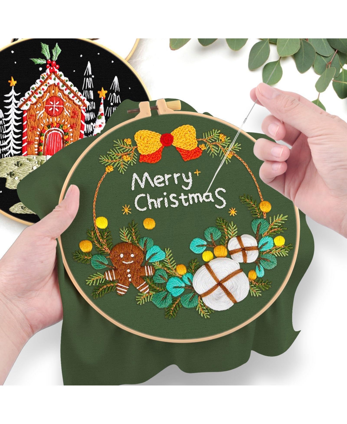 Gnuadz 4 Sets Christmas Embroidery Kit Beginners Cross Pattern Hoops Threads