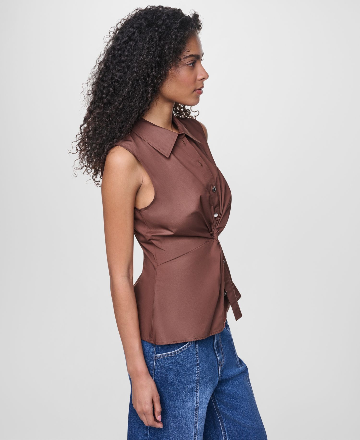 Women's Sleeveless Collared Twist Front Button-Up Shirt