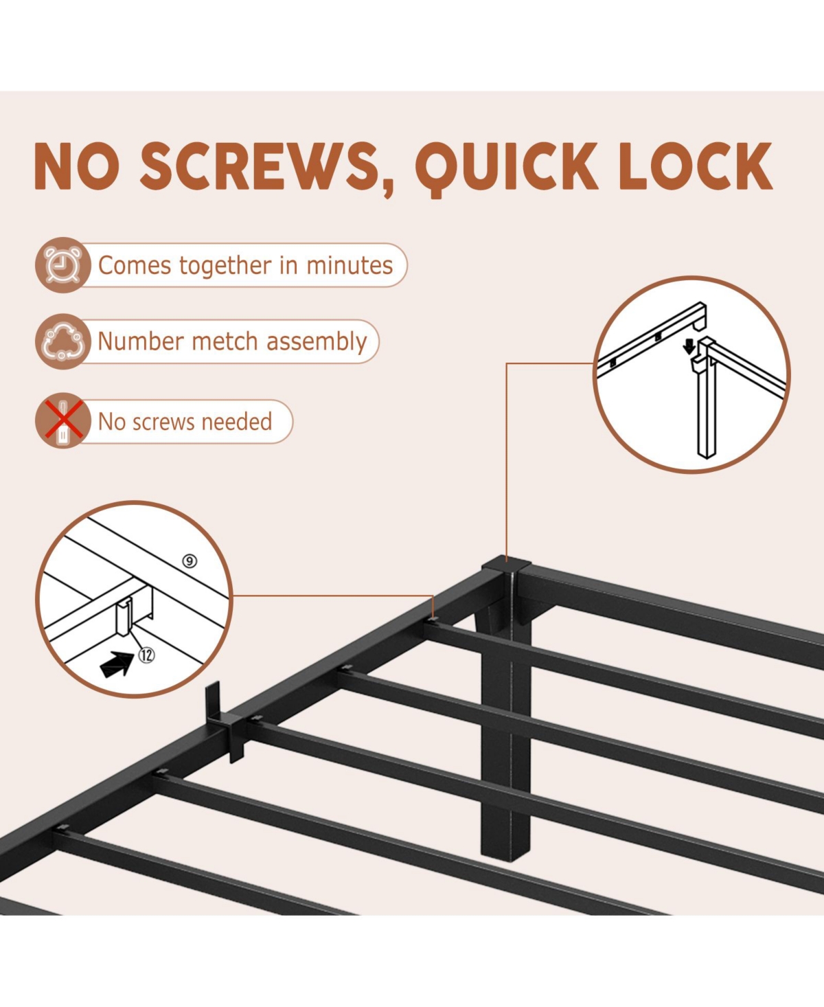 homfan Heavy Duty Metal PlLow Profile 14 Inch, Iron Slats and Legs, No Box Seasonal Needed, Quiet and Non-Slip,Under Bed Storage