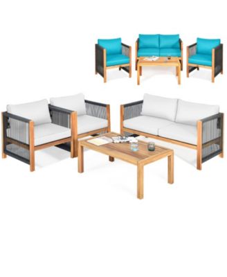 4-Piece Outdoor Acacia Wood Patio Conversation Set with Loveseat, 2 Armchairs and Coffee Table
