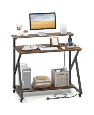 Rolling Computer Desk with Charging Station and Monitor Shelf, Home Office Storage Desk
