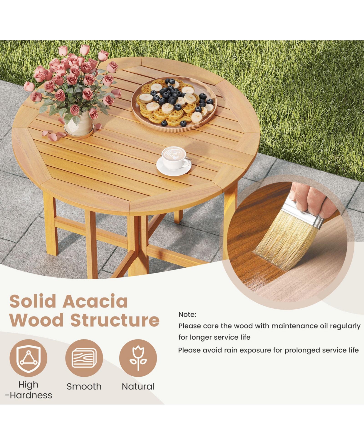 Sugift 36 in Outdoor Folding Round Dining Table with Slatted Tabletop