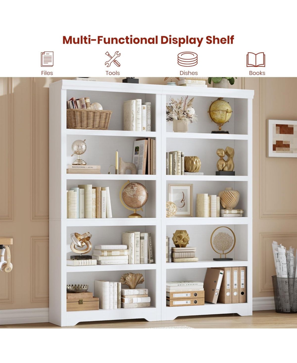 gaomon 75" Tall Farmhouse Bookshelf, 5 Tier Open Bookcase with Adjustable Shelves and Anti-Tip Design for Living Room