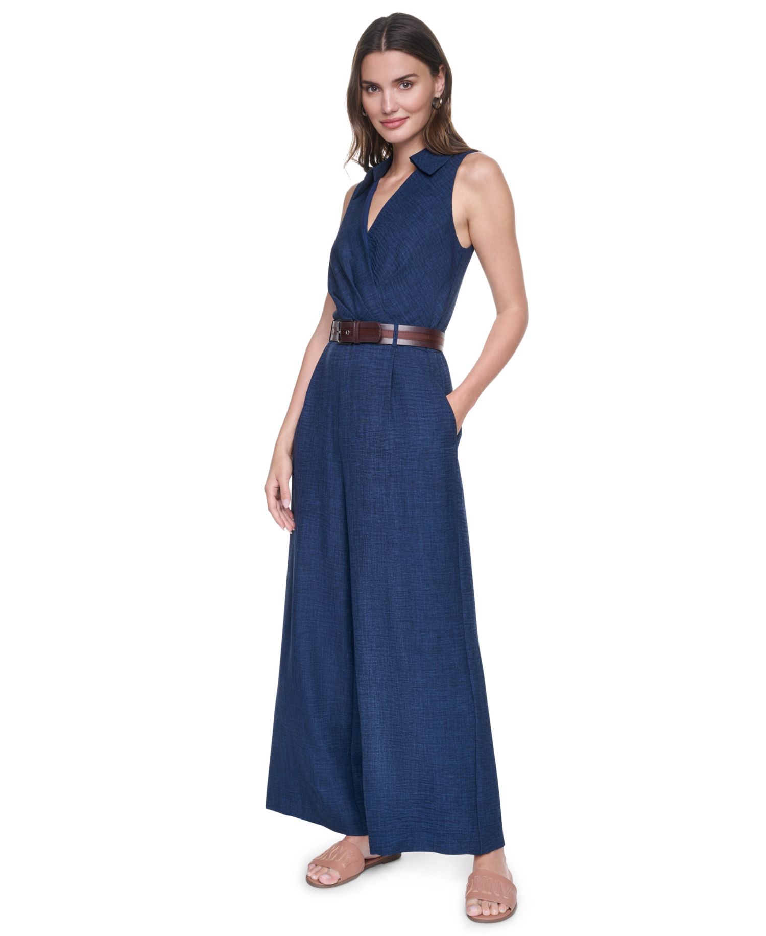 Women's Collared Sleeveless Belted Jumpsuit