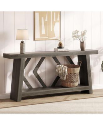 70.9 Inch All-Wood Console Table, Ultra-Stable Trapezoid Leg Sofa Table Behind Couch, 2-Tier Extra Long Entryway Table