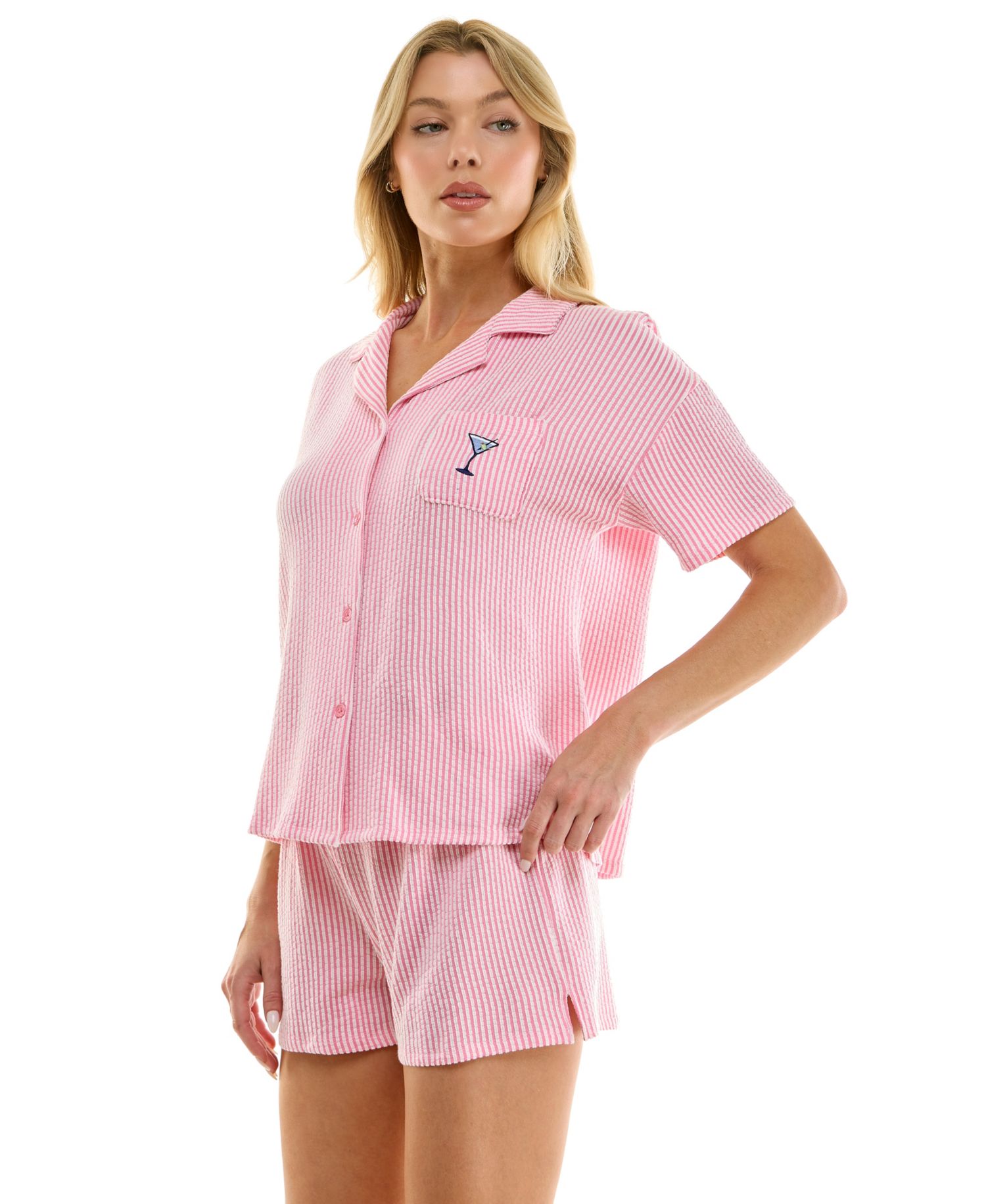 Women's Knit Seersucker Notch Collar Top and Shorts, 2-Piece Set