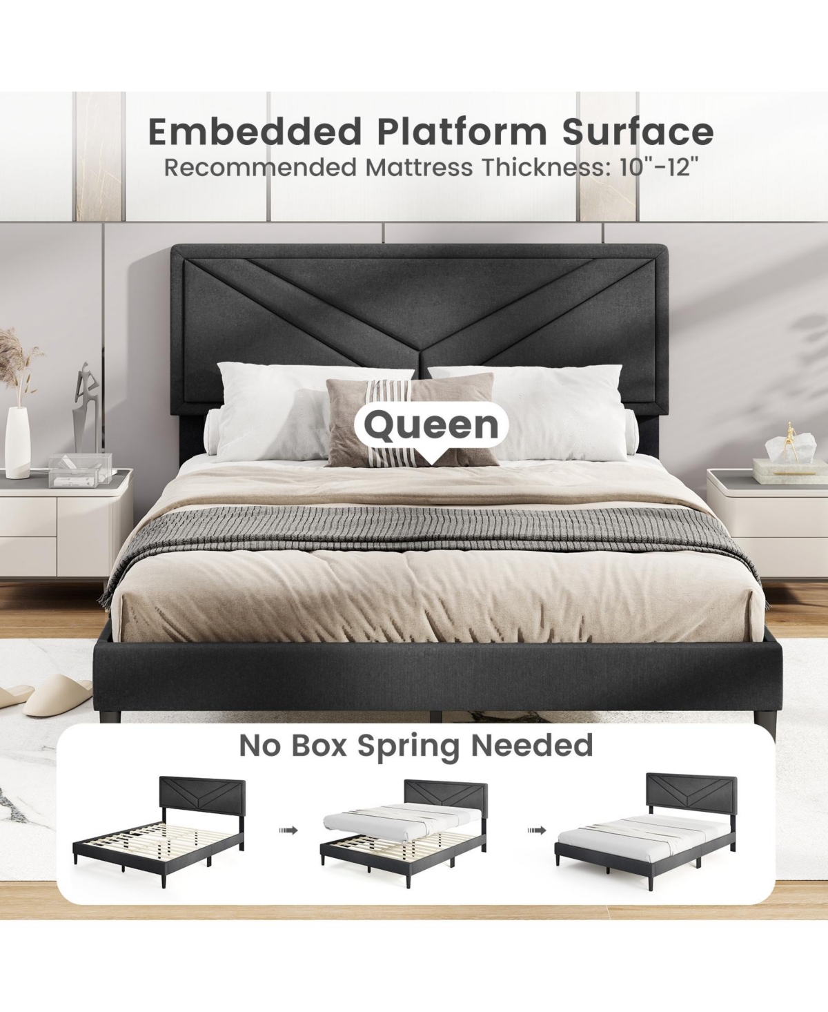Slickblue Platform Bed Frame with Upholstered Tufted Headboard Slats