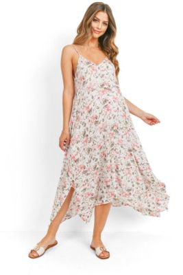 Maternity Floral V-Neck Spaghetti Strap Midi Dress with Pockets