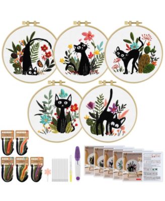 5 Sets Embroidery Kit Beginners Flower Cross Stitch  Cat