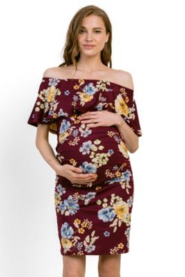 Maternity Off-the-Shoulder Floral Ruffle Bodycon Dress