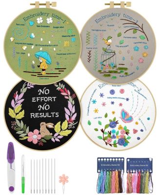4 Pack Embroidery Starter Kit Adults DIY Stamped Patterns Hoop Threads Tools Instructions Video Tutorial