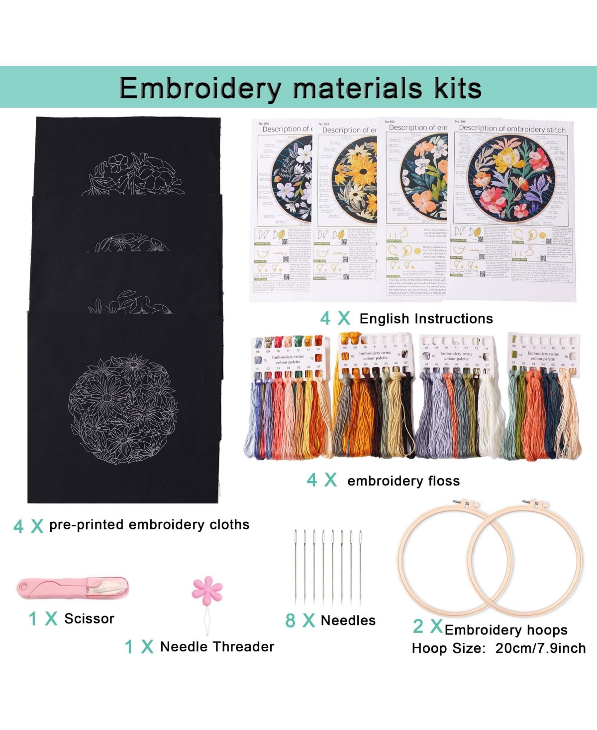 Gnuadz 4pieces Embroidery Starter Kit Patterns Instructions Beginner Cross Stitch Plastic Rings Threads