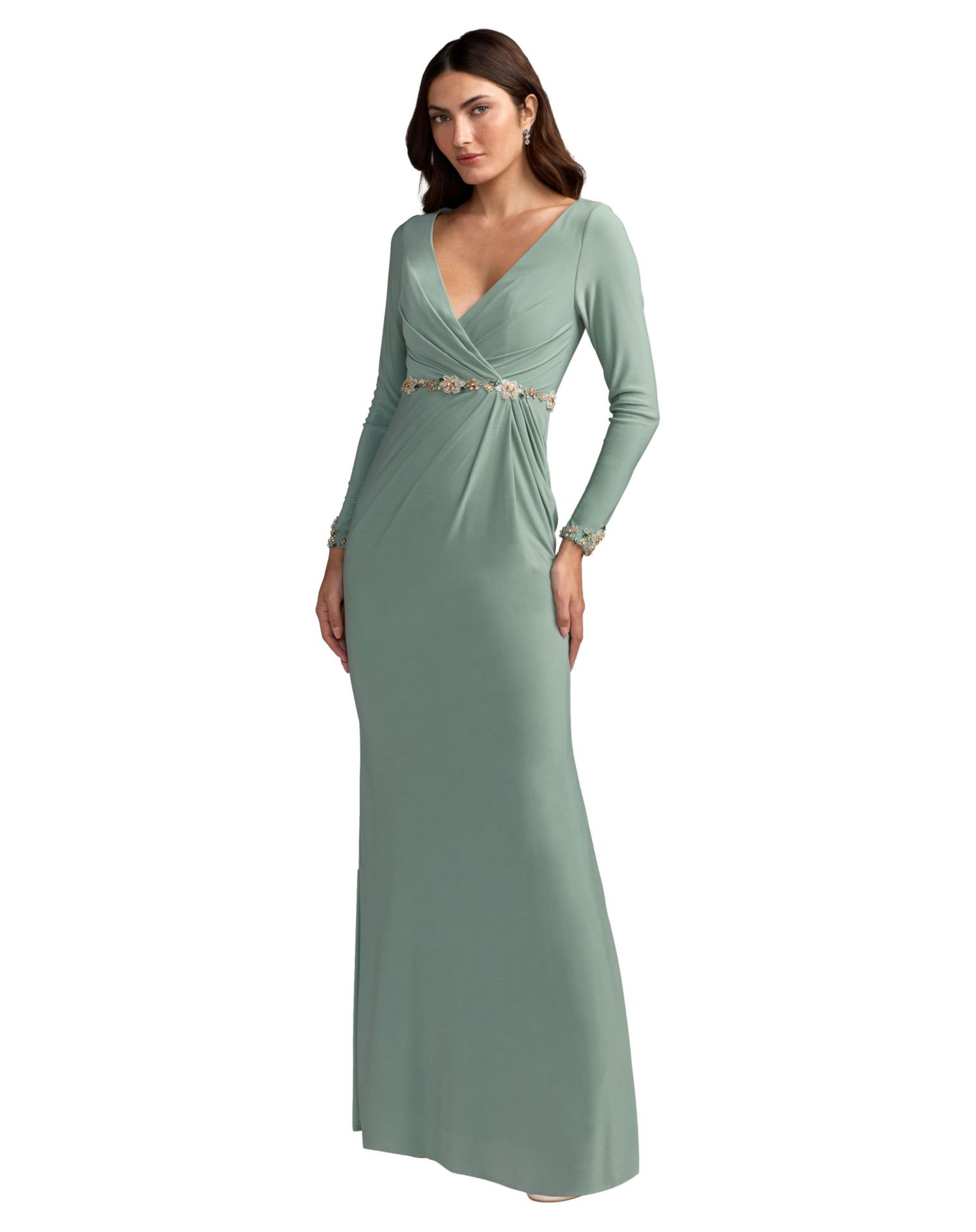 Women's Jersey Long Sleeve V-Neck Gown With Beaded Belt