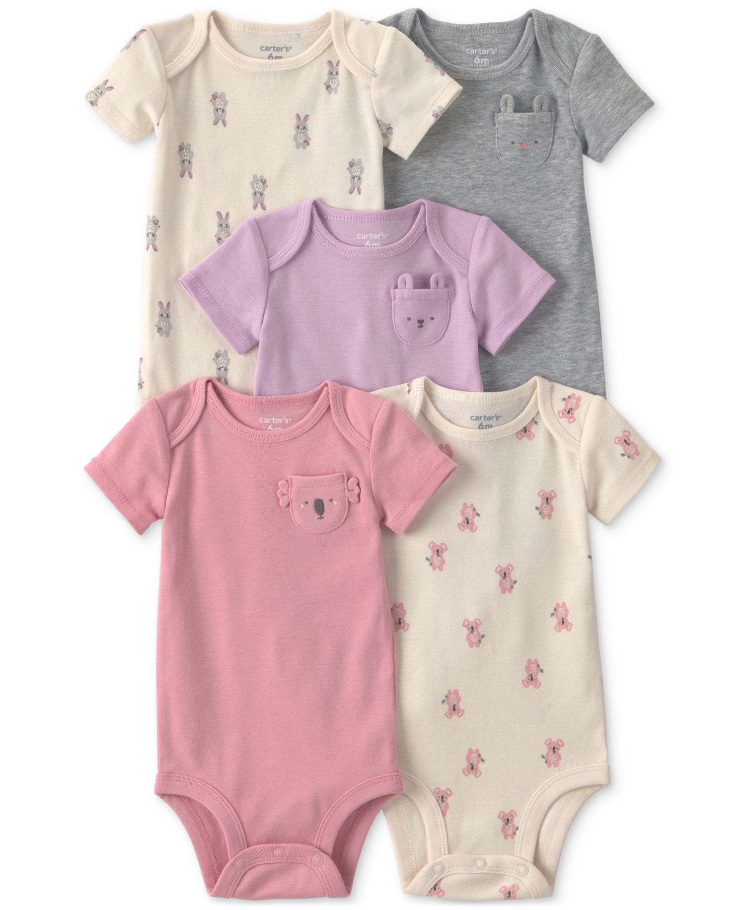 Baby Girls' Bunny Print Short-Sleeve Bodysuits, 5-Pack