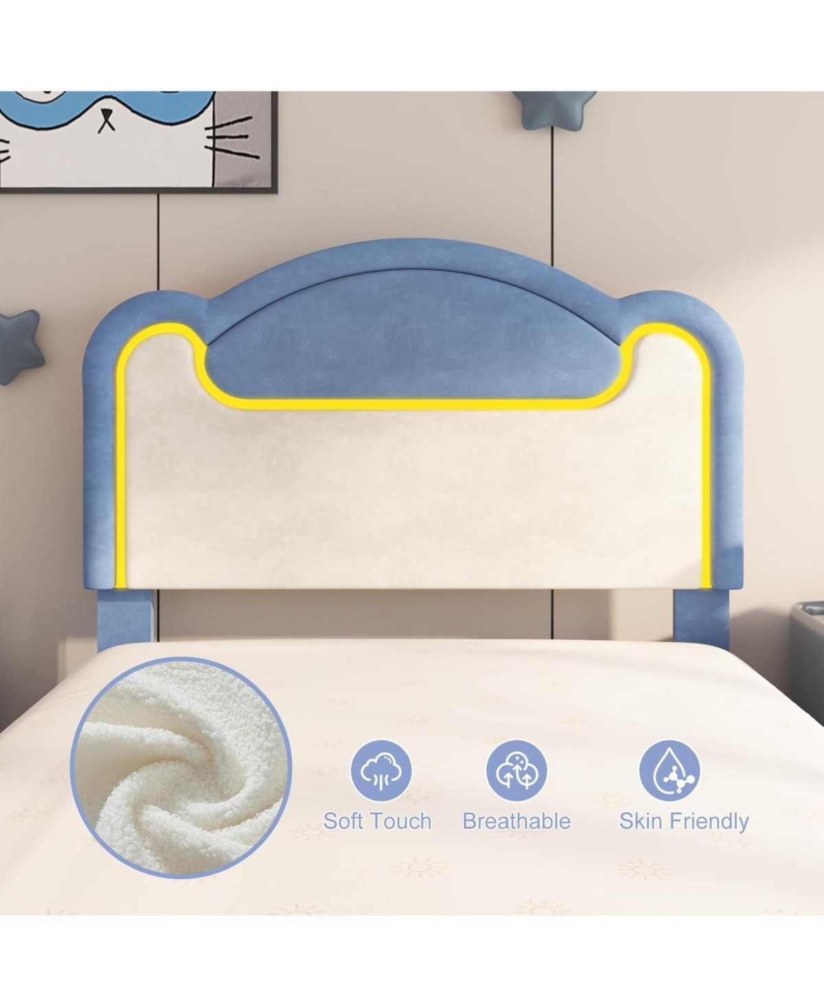 Princess Bed Frame for Girls with Led Light, Upholstered Headboard, Sturdy Wood Slats, No Box Spring Needed, Perfect for Kids