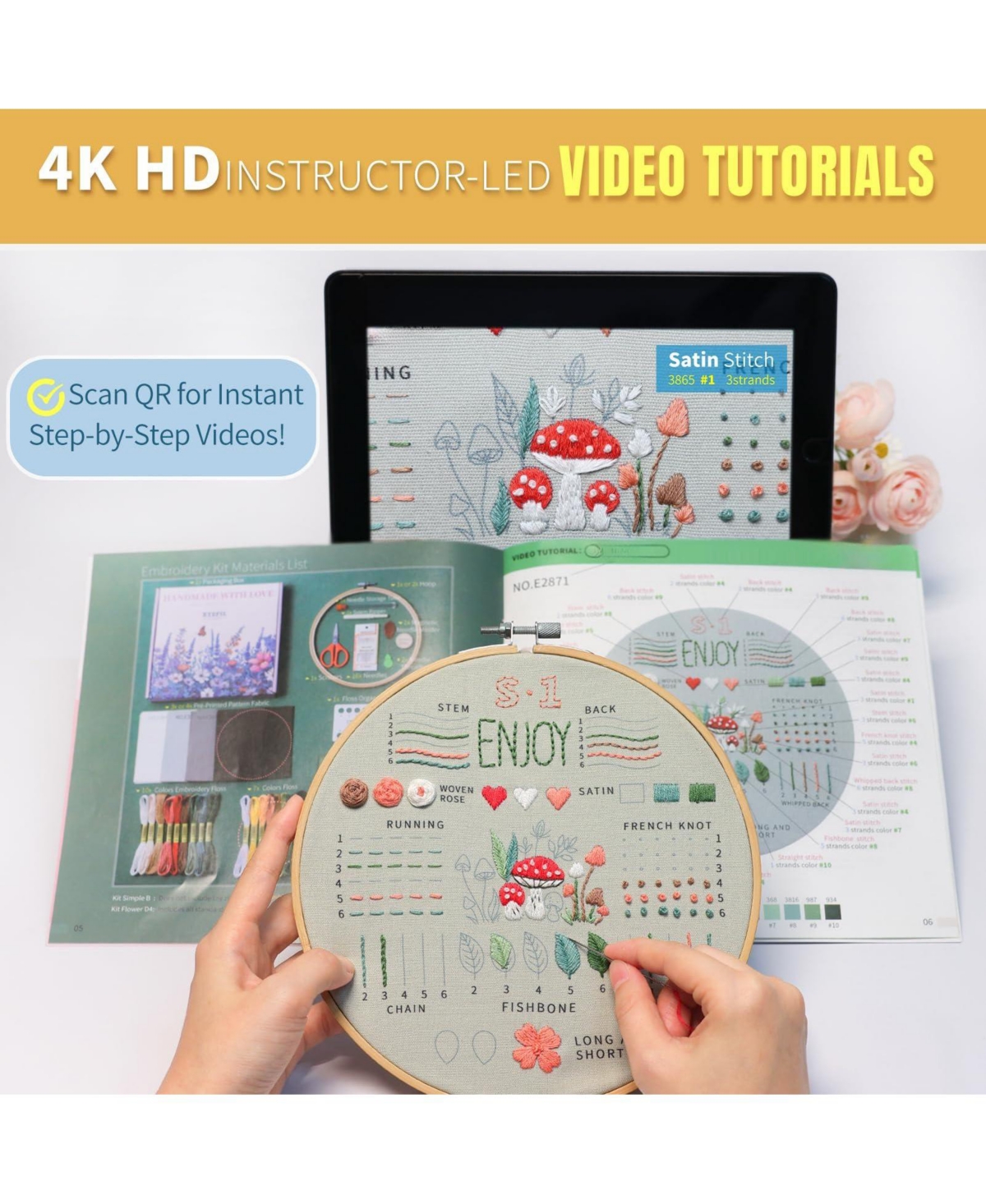 Gnuadz Embroidery Kit Beginners 4k Video Tutorials 33 Stitches Guide Magnetic Minder Diy Gift